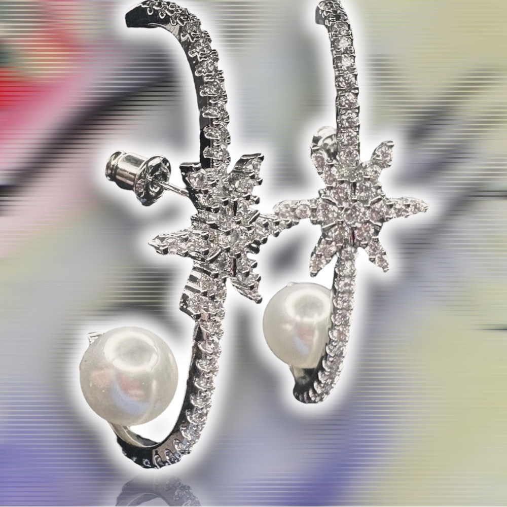 NEW CZ Over Lobe Drop Star Earrings With Reverse White Imitation Pearl - Picture 6 of 10